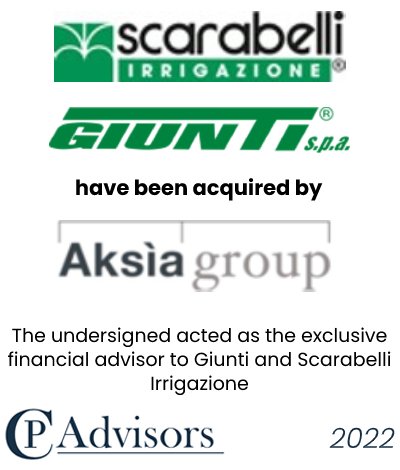 CP Advisors advised the shareholders of Giunti Group and Scarabelli Irrigazione, two leading independent players active in the irrigation industry for the agriculture, ornamental and sports, on the sale of the business combination to Aksia Group